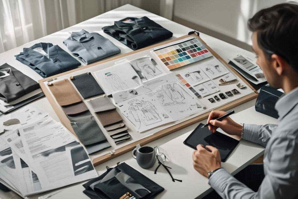 Konsep seragam kerja profesional dengan desain modern dan elemen visual yang mencerminkan identitas perusahaan