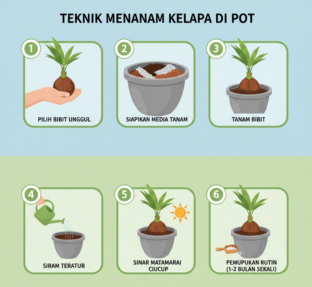 teknik menanam kelapa dipot