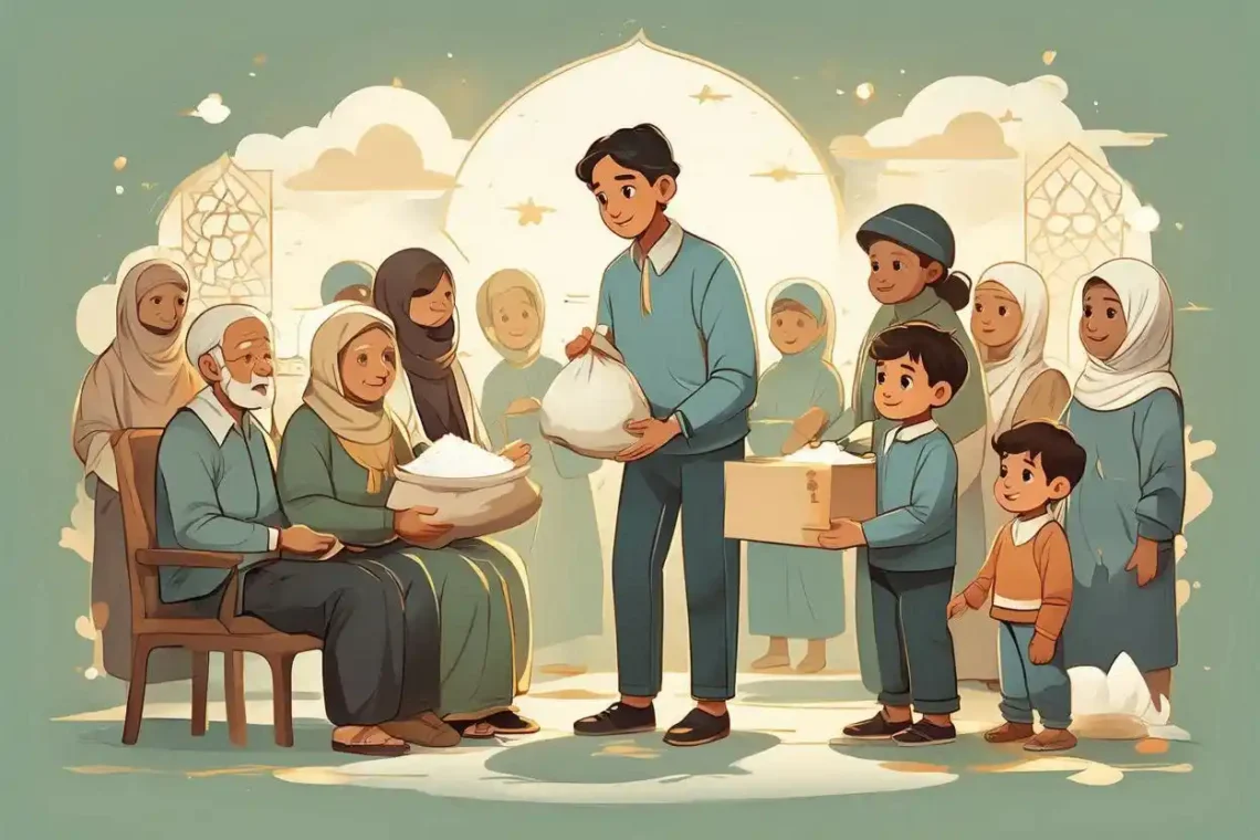 Ilustrasi golongan penerima kafarat puasa dengan fakir miskin menerima bantuan beras sesuai ketentuan syariat Islam