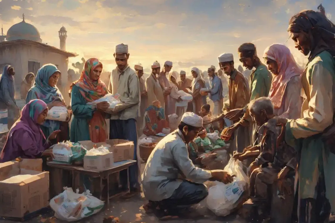 Ilustrasi penyaluran bantuan makanan kepada masyarakat kurang mampu sebagai distribusi kafarat puasa