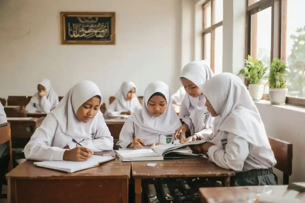 Siswa SMP Islam terbaik wilayah Jogja sedang belajar bersama di lingkungan sekolah islami Yogyakarta