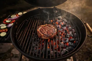 Optimal charcoal distribution barbecue grill showing a two-zone coal setup with direct heat searing a ribeye steak and vegetables resting on the indirect cool zone