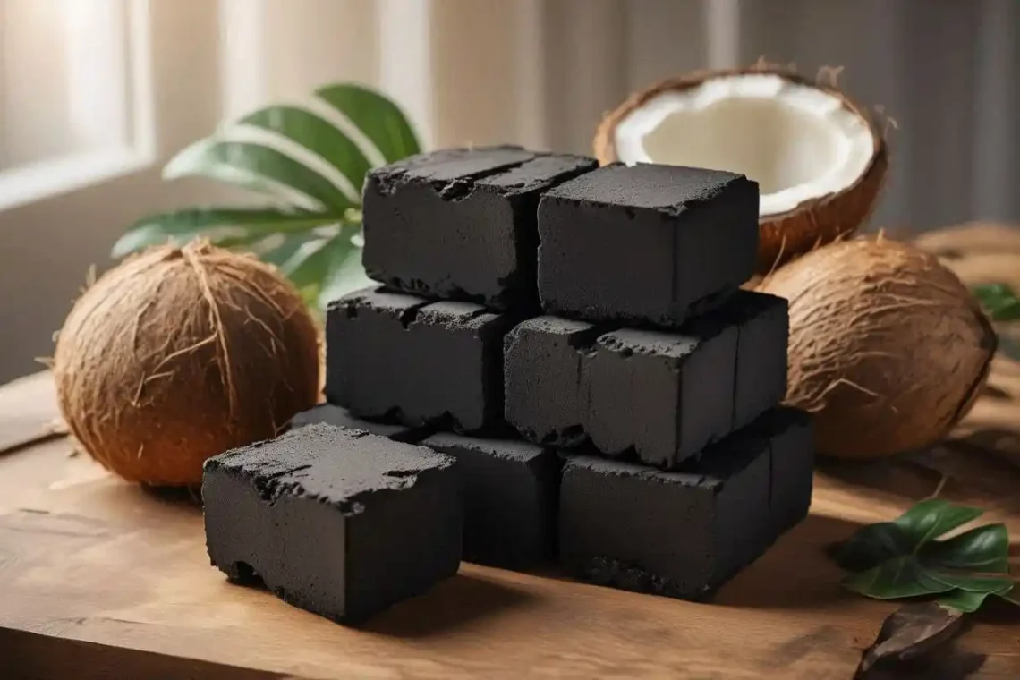 Sustainable coconut shell charcoal briquettes stacked neatly on a wooden surface, surrounded by coconut shells and tropical leaves representing eco-friendly fuel production in Indonesia.